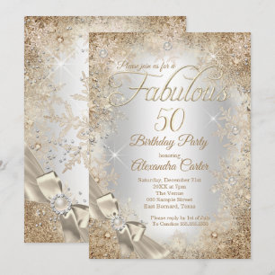 Fabulous 50 Silver Beige Cream Pearl Bow Snowflake Invitation