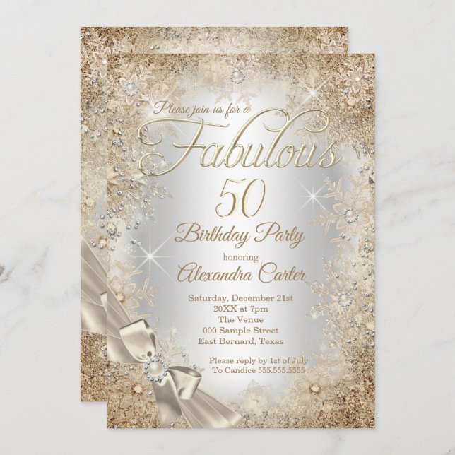Fabulous 50 Silver Beige Cream Pearl Bow Snowflake Invitation (Front/Back)
