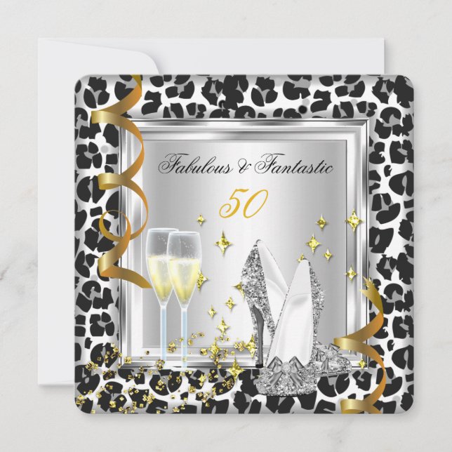 Fabulous 50 Silver Heels Leopard Gold Birthday 2 Invitation (Front)