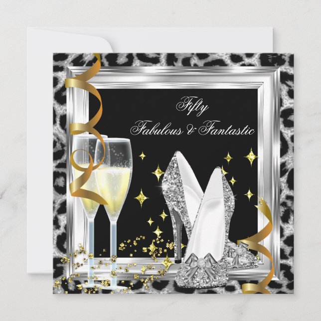 Fabulous 50 Silver Leopard Birthday Party Invitation (Front)