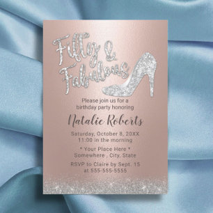 Fabulous 50 Silver & Rose Gold Glitter Birthday Invitation