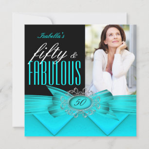 Fabulous 50 Teal Black Photo Birthday Party Invitation