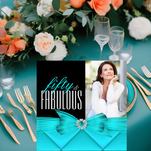 Fabulous 50 Teal Black Photo Elegant Birthday Invitation
