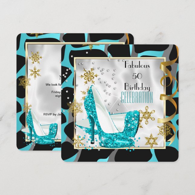 Fabulous 50 Teal Black White Wild Birthday Party Invitation (Front/Back)