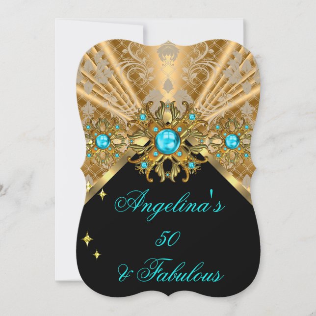 Fabulous 50 Teal Blue Gold Black Damask Birthday Invitation (Front)
