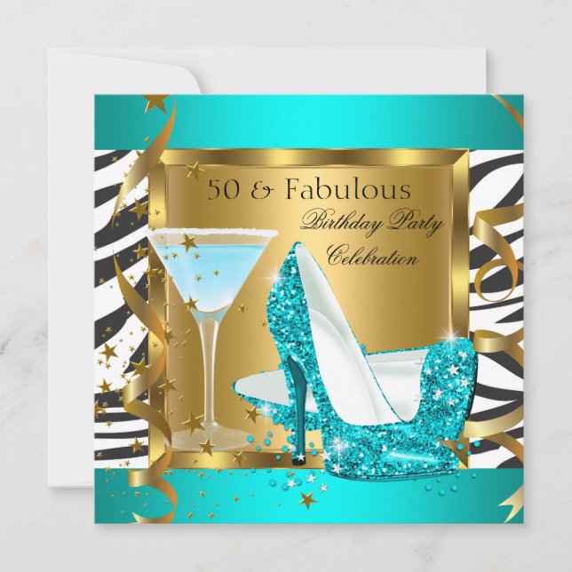 Fabulous 50 Teal Glitter High Heels Zebra Cocktail Invitation (Front)