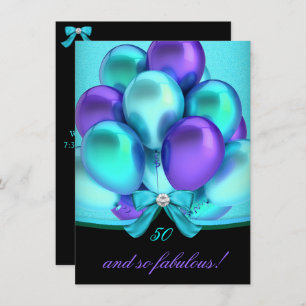 Fabulous 50 Teal Purple Black Balloons Party Invitation