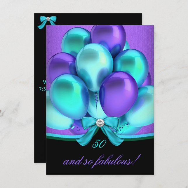 Fabulous 50 Teal Purple Black Birthday Party 2 Invitation (Front/Back)