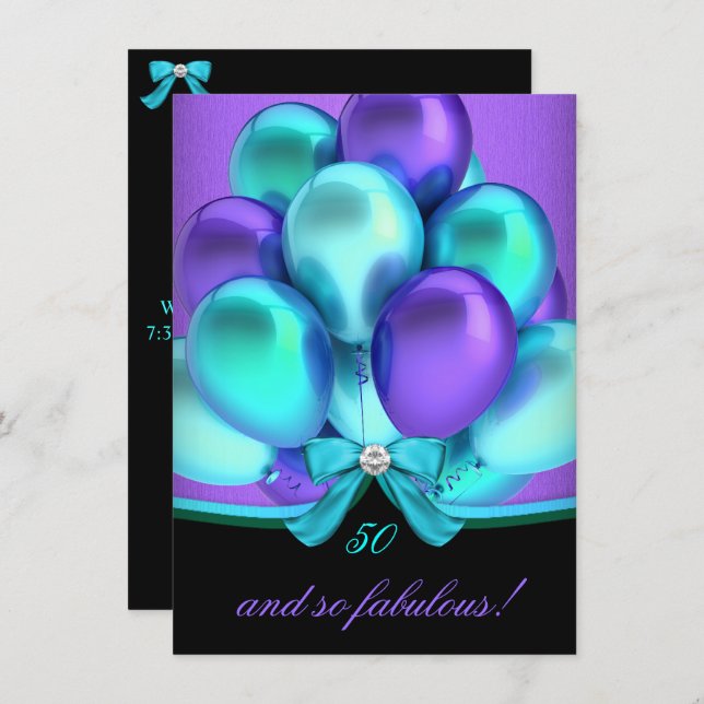 Fabulous 50 Teal Purple Black Birthday Party 2 Invitation (Front/Back)
