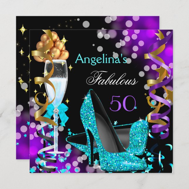 Fabulous 50 Teal Purple Heels Gold Bubbles Party Invitation (Front/Back)