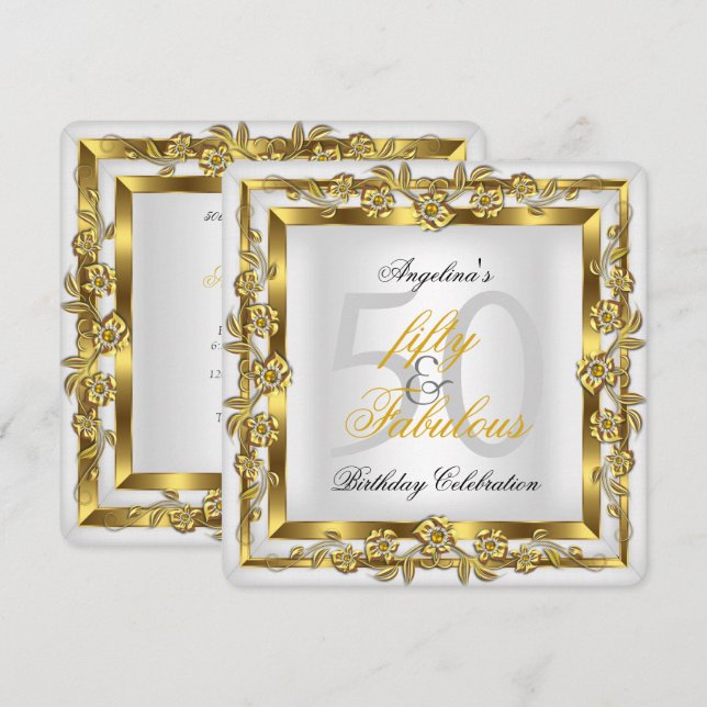 Fabulous 50 White Floral Gold Birthday Party Invitation (Front/Back)