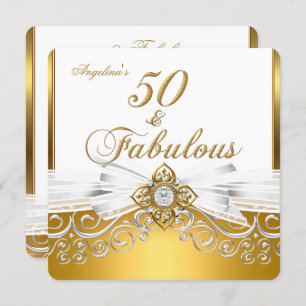 Fabulous 50 White Gold Damask Birthday Party Invitation