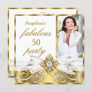 Fabulous 50 White Gold Faux Diamond Photo Birthday Invitation