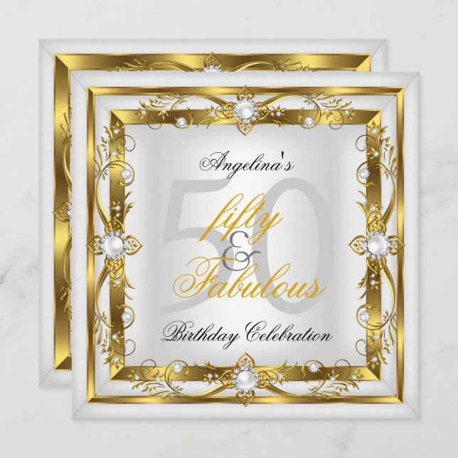 Fabulous 50 White Pearl Floral Gold Birthday Party Invitation (Front/Back)
