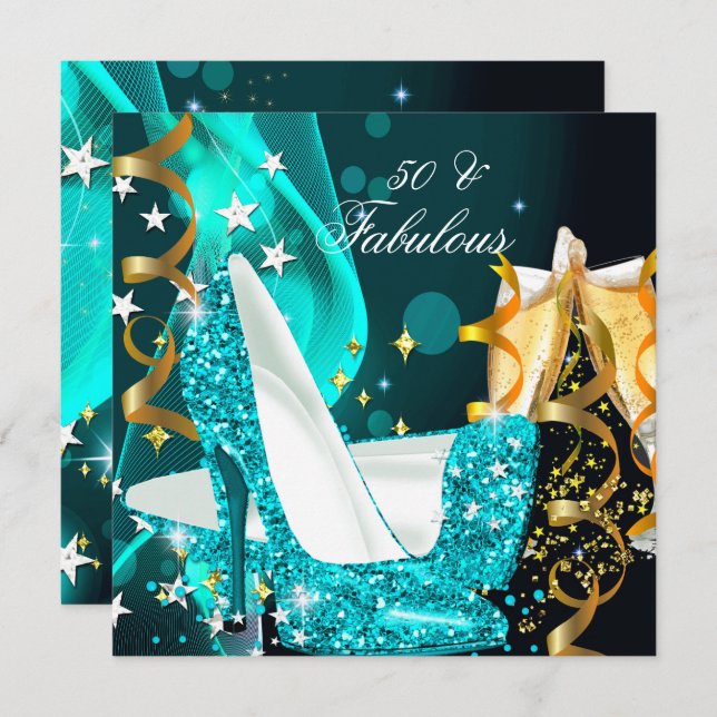Fabulous 50 Woman's Teal Blue Gold Birthday Party Invitation (Front/Back)