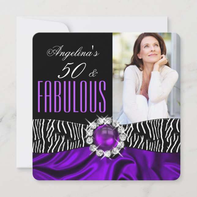 Fabulous 50 Zebra Black Purple Silk Birthday 2 Invitation (Front)