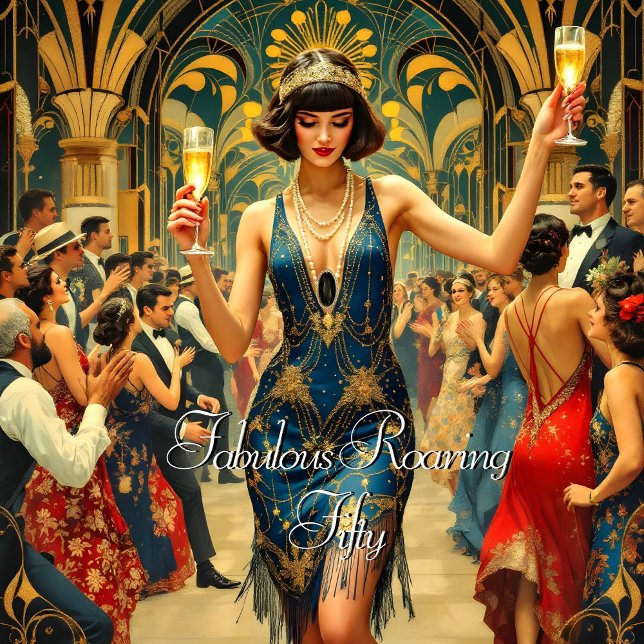 Fabulous 50th 1920’s Art deco Woman Blue Invitation (Creator Uploaded)
