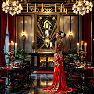 Fabulous 50th Art deco Woman African American Red Invitation