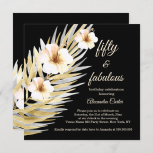 Fabulous 50th Beige White Black Floral Birthday Invitation
