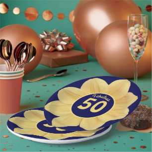 Fabulous 50th Birthday Blue and Yellow Floral Paper Plate