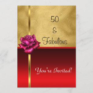 Fabulous 50th Birthday Gold Red Flower Invitation