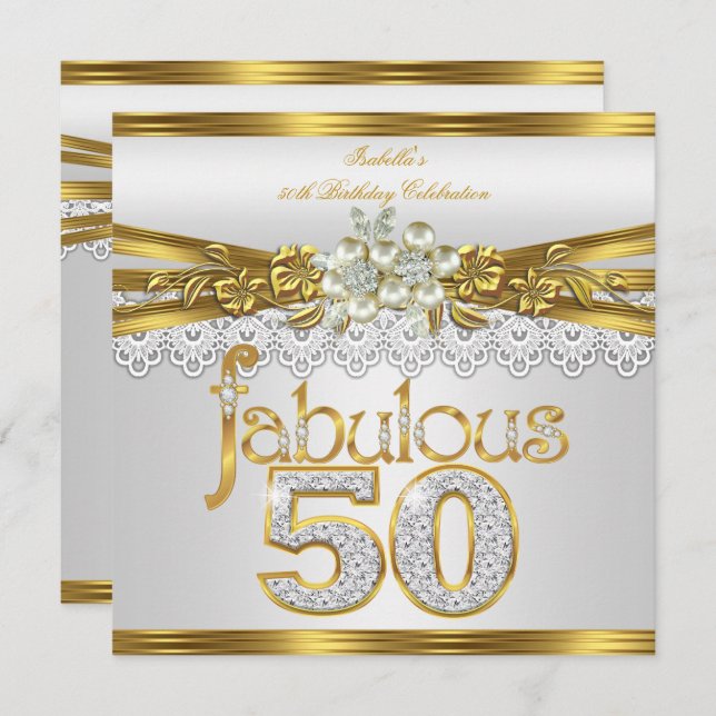 Fabulous 50th Birthday White Pearl Gold Lace Invitation (Front/Back)