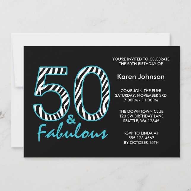 Fabulous 50th Black and Teal Zebra Birthday Invitation (Front)