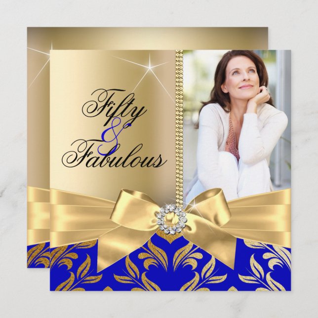 Fabulous 50th Blue Gold Leaf & Bow 50th Birthday Invitation (Front/Back)