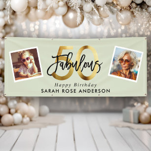Fabulous 50th Happy Birthday Photo Sage Green Gold Banner