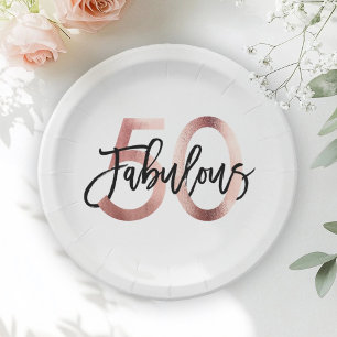 Fabulous 50th   Modern Elegant Rose Gold Birthday Paper Plate