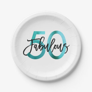 Fabulous 50th   Modern Elegant Teal Green Birthday Paper Plate