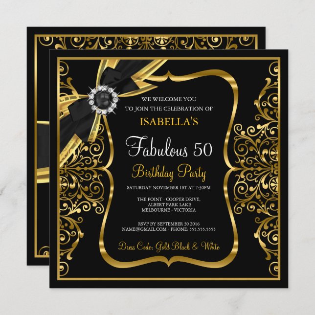 Fabulous 50th Pearl Gold Lace Bow Black Invite (Front/Back)