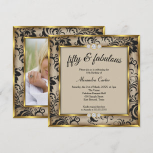 Fabulous 50th Photo Beige Black Damask Gold Party Invitation