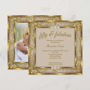 Fabulous 50th Photo Beige Brown Damask Gold Party Invitation