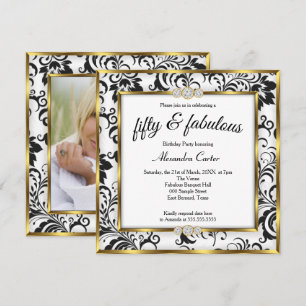 Fabulous 50th Photo Black white Gold Damask Party Invitation
