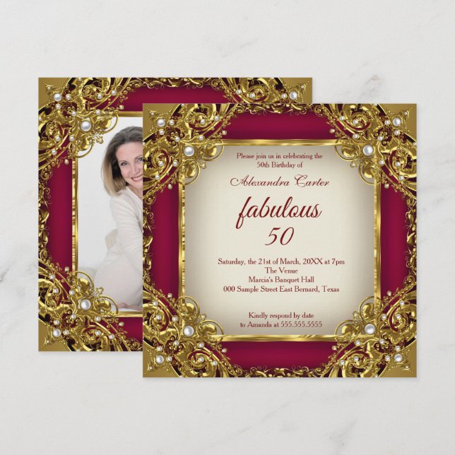 Fabulous 50th Photo burgundy red beige Gold Party Invitation (Front/Back)