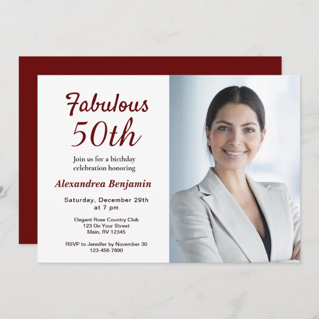 Fabulous 50th Photo Red Birthday Party Invitation (Front/Back)
