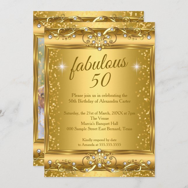 Fabulous 50th Photo sparkle Gold birthday Party Invitation (Front/Back)