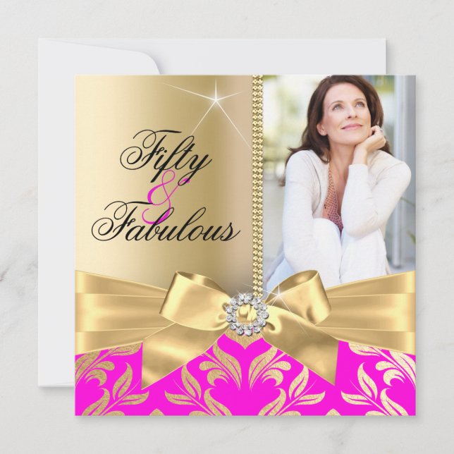 Fabulous 50th Pink Gold Leaf & Bow 50th Birthday Invitation (Front)