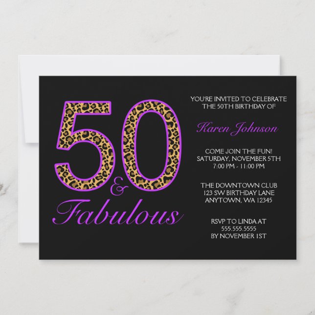 Fabulous 50th Purple Black Leopard Birthday Party Invitation (Front)