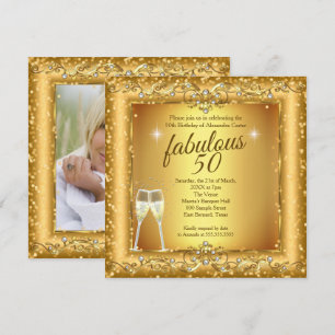 Fabulous 50th sparkle Gold champagne Party Photo Invitation