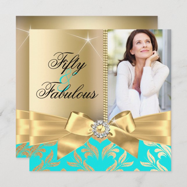 Fabulous 50th Teal Gold Leaf & Bow 50th Birthday Invitation (Front/Back)