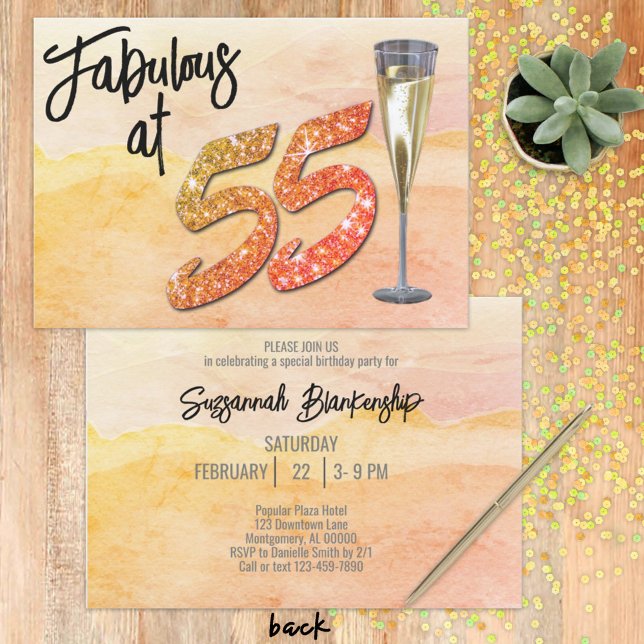 Fabulous 55 Party Manhattan Watercolor Background Invitation (Grab their attention with this custom faux glitter 55th birthday party invitation. )