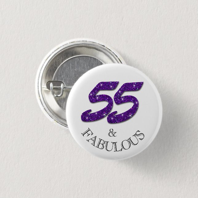 Fabulous 55th Birthday Celebration Purple Glitter 3 Cm Round Badge (Front & Back)