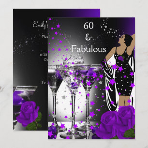 Fabulous 60 60th Birthday Purple Roses Martini Invitation