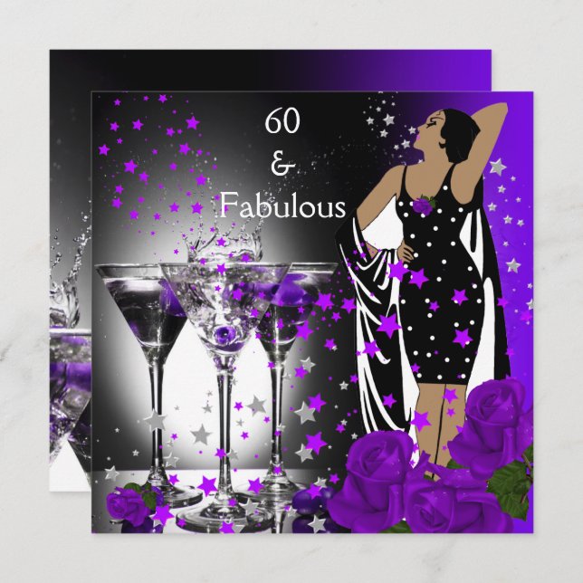 Fabulous 60 60th Birthday Purple Roses Martini Invitation (Front/Back)
