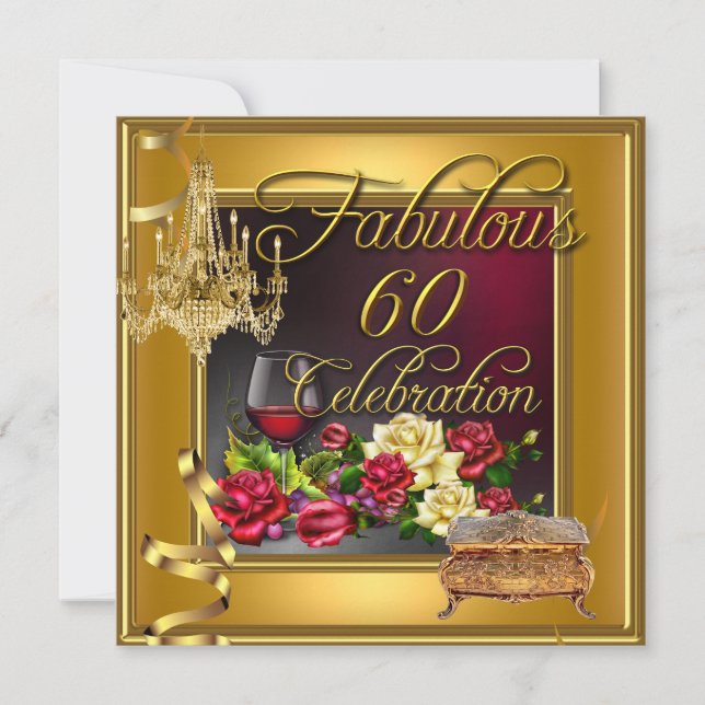 Fabulous 60 Celebration 60th Gold Red Roses Wine Invitation (Front)