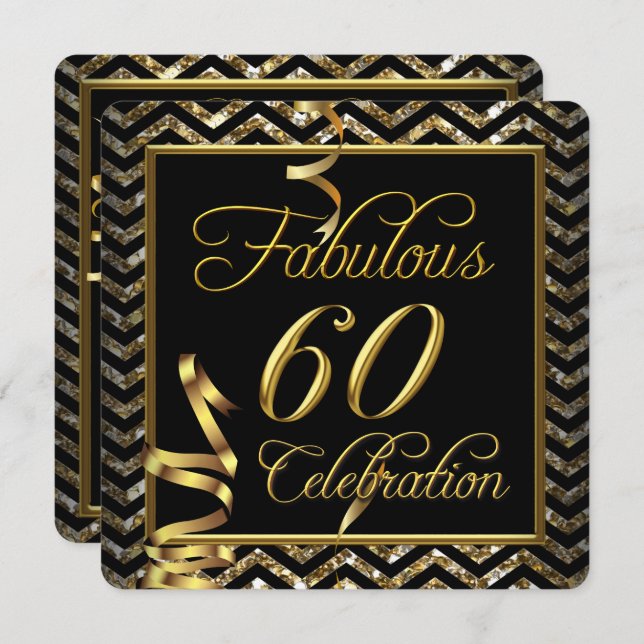 Fabulous 60 Chevron Gold Black Birthday Party Invitation (Front/Back)