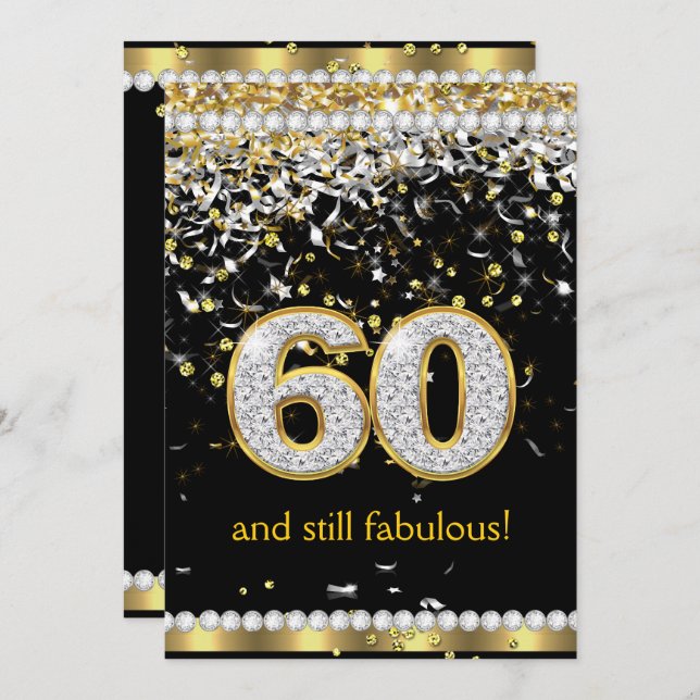Fabulous 60 Gold Silver Streamers 60th Party Invitation (Front/Back)