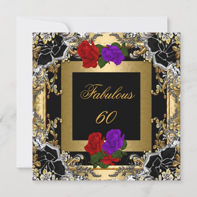 Fabulous 60 Purple Red Rose Gold Black Silver Invitation (Front)